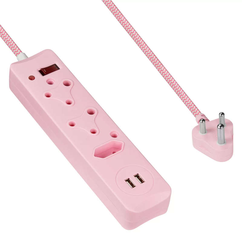 Switched 3M 3-way Surge Protected Multiplug with Dual 2.4A USB Ports Braided Cord - Pink