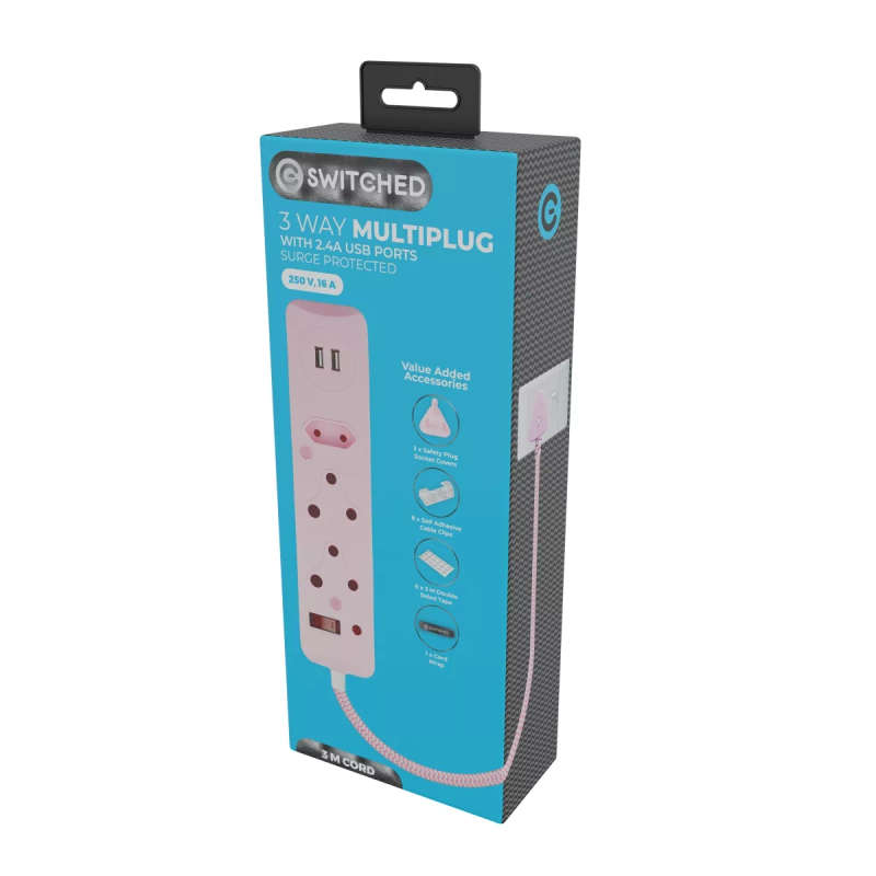 Switched 3M 3-way Surge Protected Multiplug with Dual 2.4A USB Ports Braided Cord - Pink