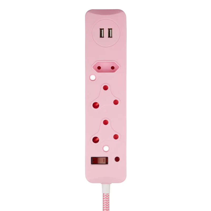 Switched 3M 3-way Surge Protected Multiplug with Dual 2.4A USB Ports Braided Cord - Pink