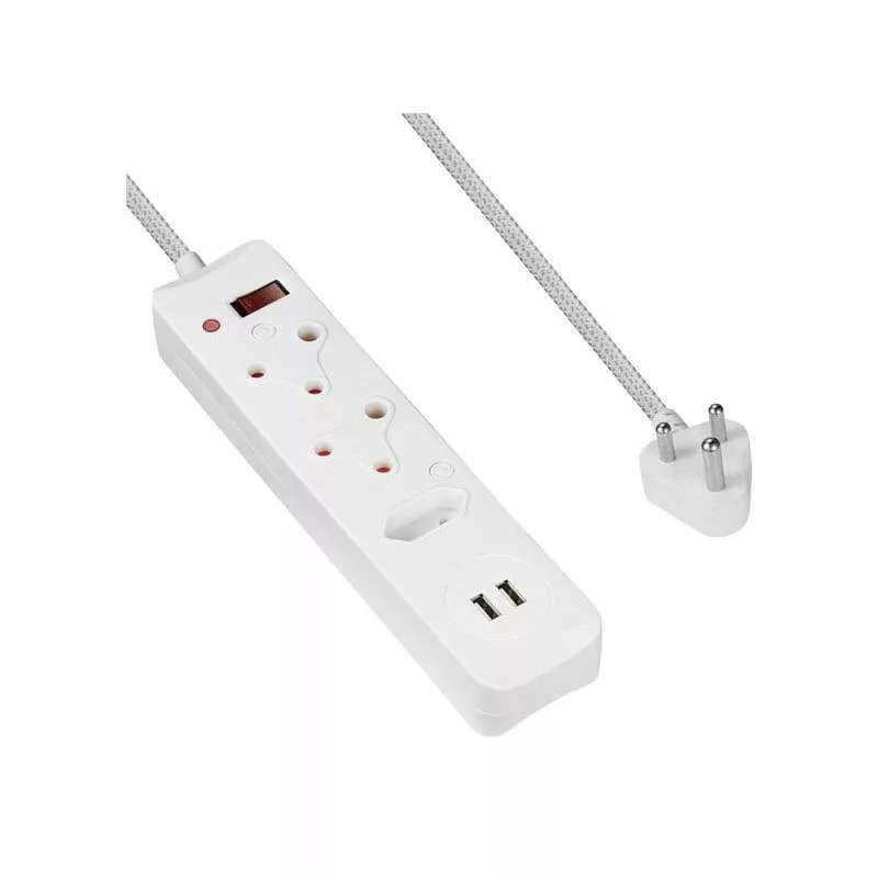 Switched 3M 3-way Surge Protected Multiplug with Dual 2.4A USB Ports Braided Cord - White