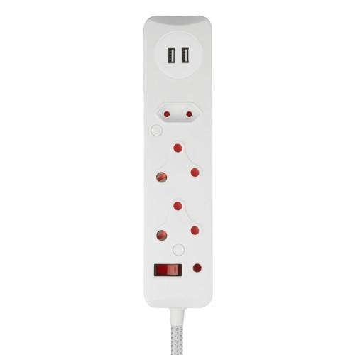 Switched 3M 3-way Surge Protected Multiplug with Dual 2.4A USB Ports Braided Cord - White