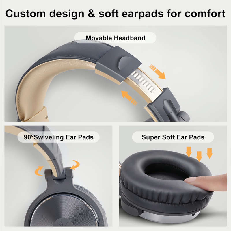 Oneodio Pro 10 Professional Wired Over Ear DJ and Studio Monitoring Headphones - Grey/Gold