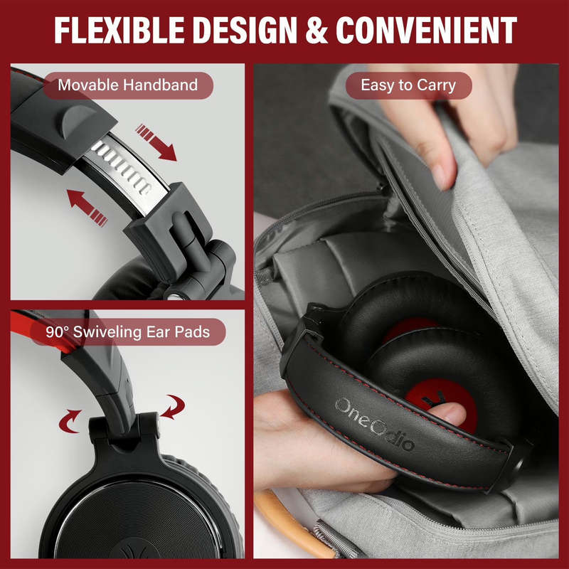Oneodio Pro 10 Professional Wired Over Ear DJ and Studio Monitoring Headphones - Red/Black