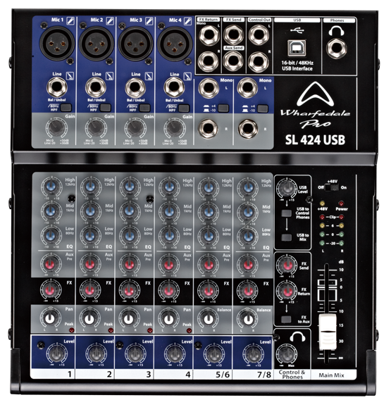 Wharfedale 8-Channel, 4 Mic, 2 Stereo, 2 Bus Mixer with USB