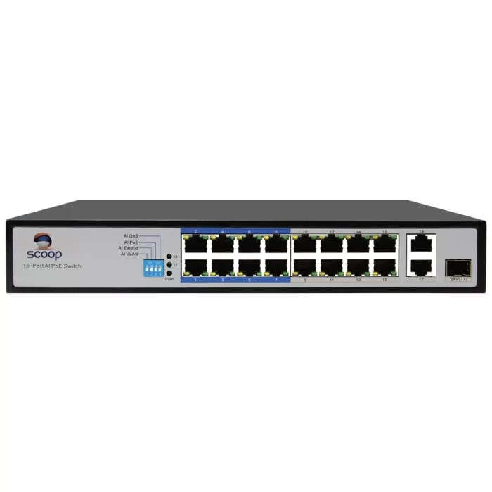 Scoop 16-port 150W 2x Gigabit 1x SFP Fast Ethernet AI PoE Network Switch