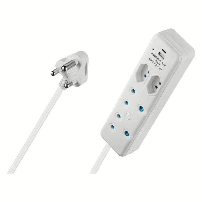 Switched 4-way Multiplug with 4m Cord and 1x Type-C and 1x USB-A Charger