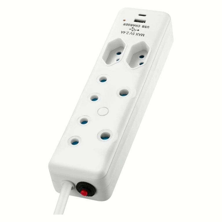 Switched 4-way Multiplug with 4m Cord and 1x Type-C and 1x USB-A Charger