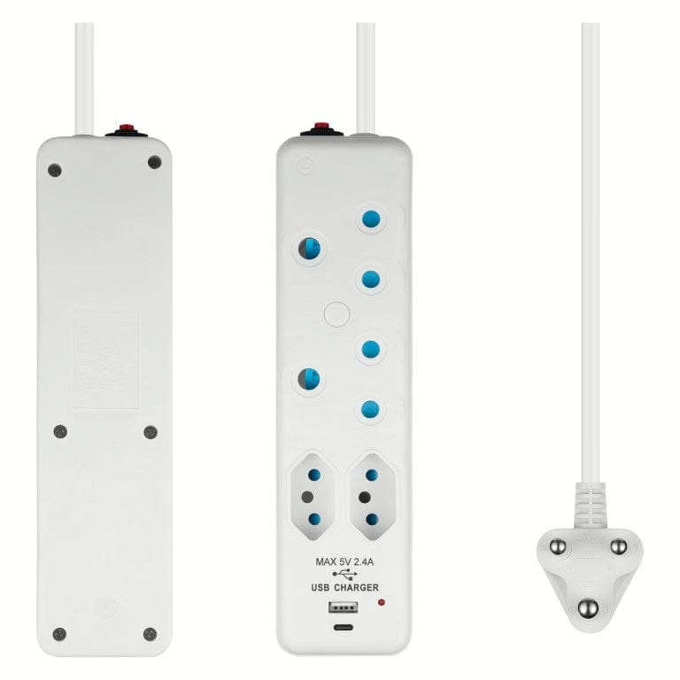Switched 4-way Multiplug with 4m Cord and 1x Type-C and 1x USB-A Charger