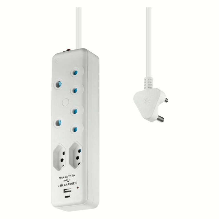 Switched 4-way Multiplug with 4m Cord and 1x Type-C and 1x USB-A Charger
