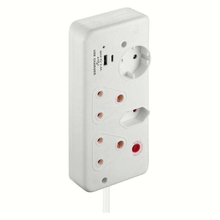 Switched 4-way Medium Surge Protection Multiplug with 0.5m Cord and 1x Type-C and 1x USB-A Charger