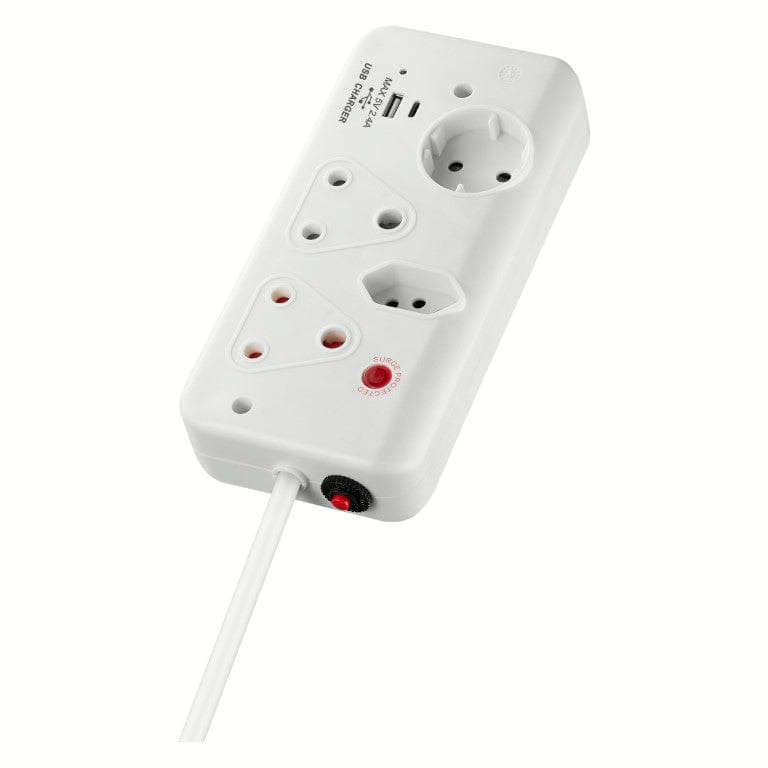 Switched 4-way Medium Surge Protection Multiplug with 0.5m Cord and 1x Type-C and 1x USB-A Charger