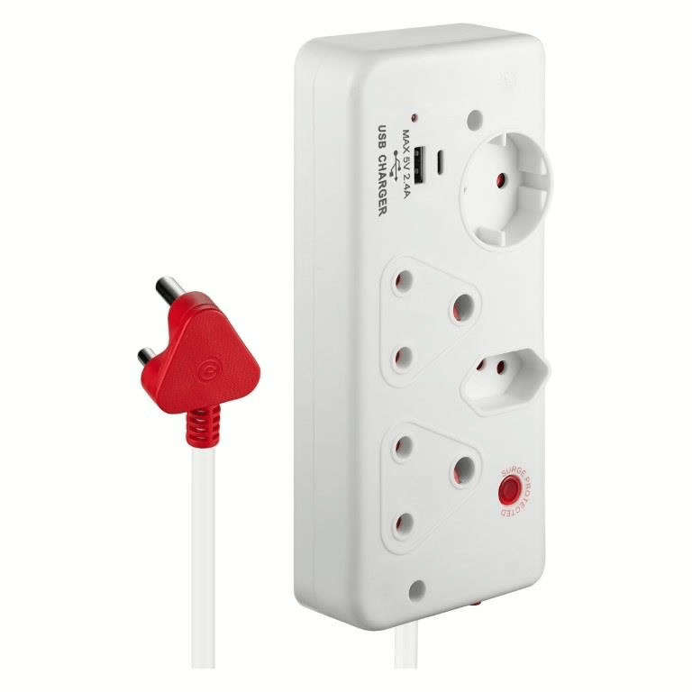 Switched 4-way Medium Surge Protection Multiplug with 0.5m Cord and 1x Type-C and 1x USB-A Charger