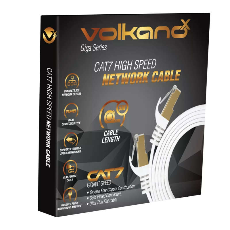 VolkanoX Giga Series 5m Cat 7 Ethernet Cable White with Gold Tips