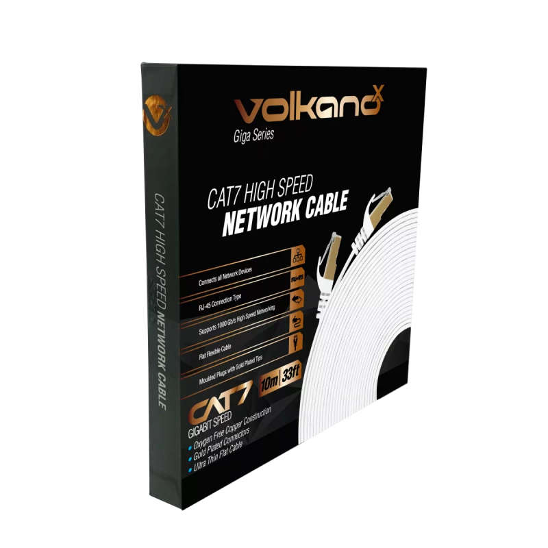 VolkanoX Giga Series 10m Cat 7 Ethernet Cable White with Gold Tips