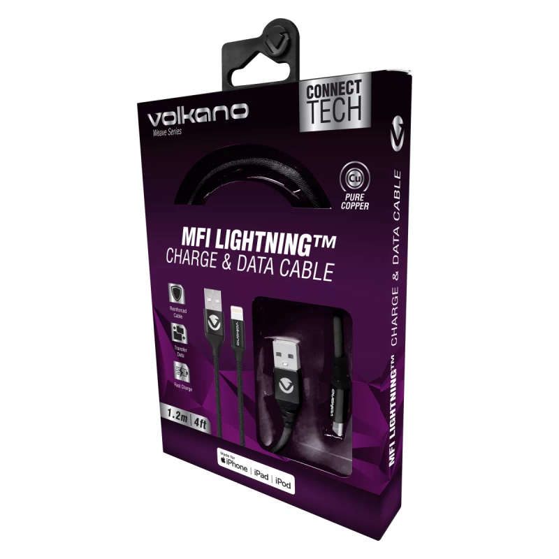 Volkano Weave Series Fabric Braided MFI Lightning Cable Black 1.2m 