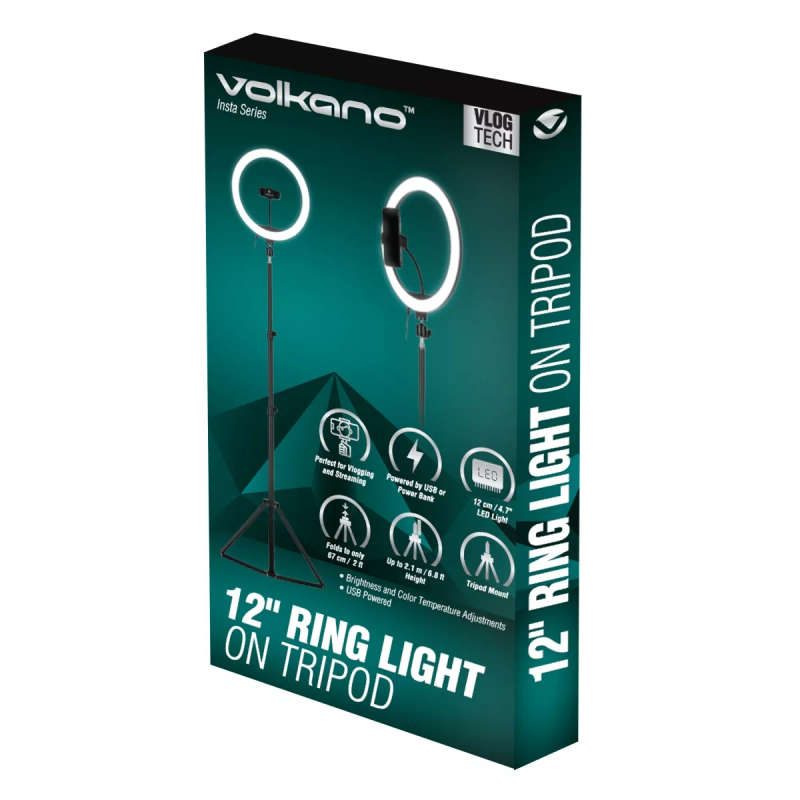 Volkano insta Series 12 inch Ring Light on Tripod - Black