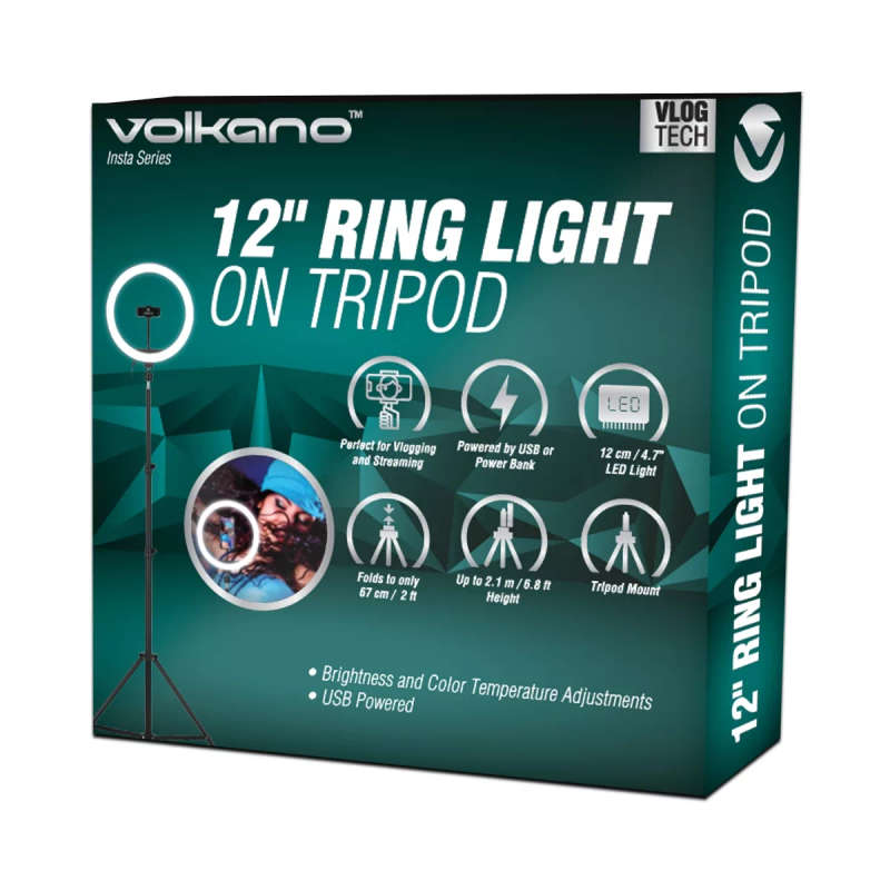 Volkano insta Series 12 inch Ring Light on Tripod - Black