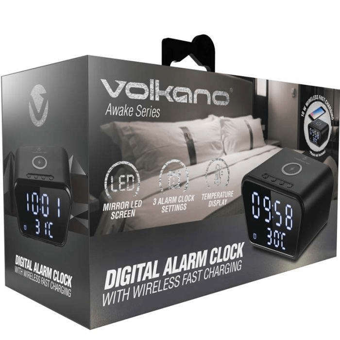 Volkano Awake Series Alarm Clock with Wireless Charging Black