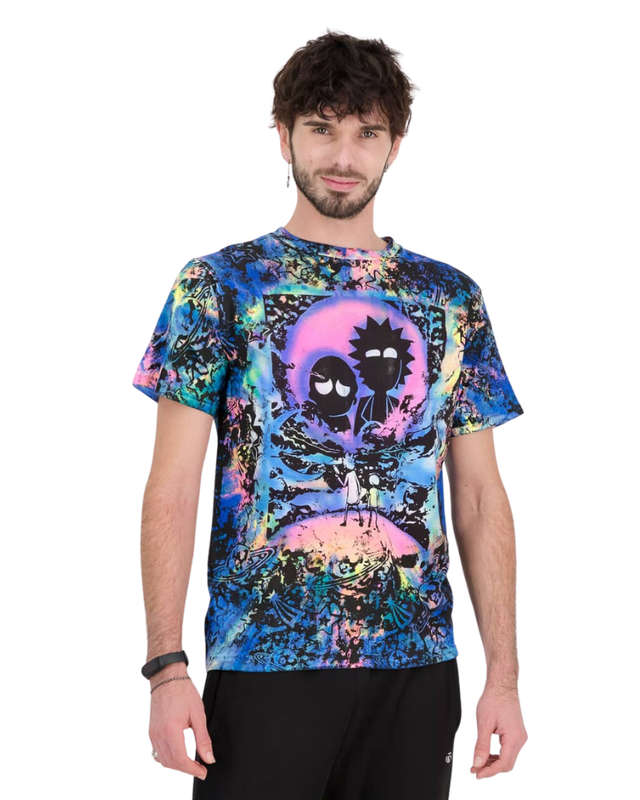 SKA Hand Painted Rick &Morty Tie Dye T-Shirt- Shadow Silhouette Blue Pin - L
