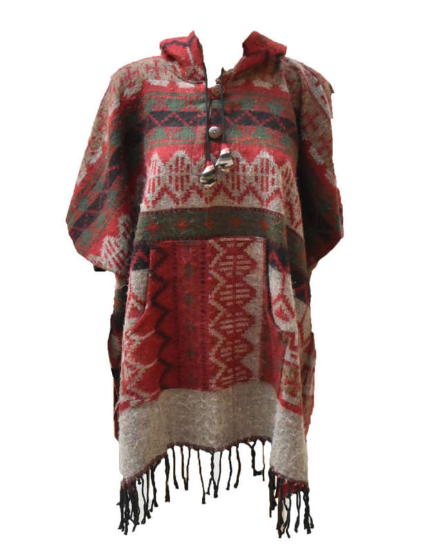 1 Pocket Wool Poncho - Red-black-grey