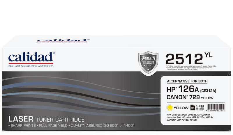 Calidad 2512-YL Yellow Toner alternative for HP 126A Yellow (CE312A); CANON CART 329Y, CART 729Y