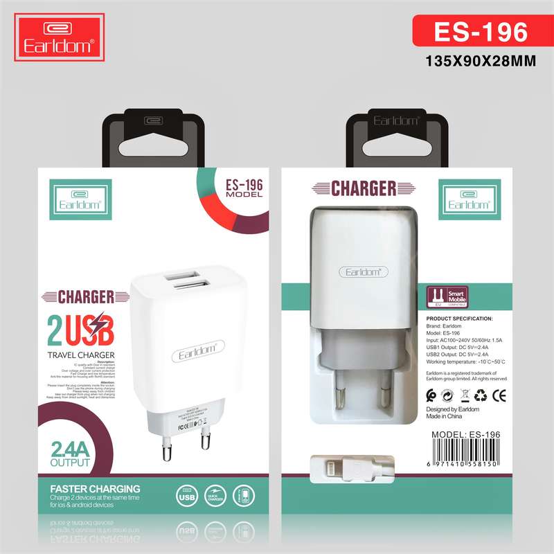 Earldom ES-196 2.1A 2USB Charger - Type-C