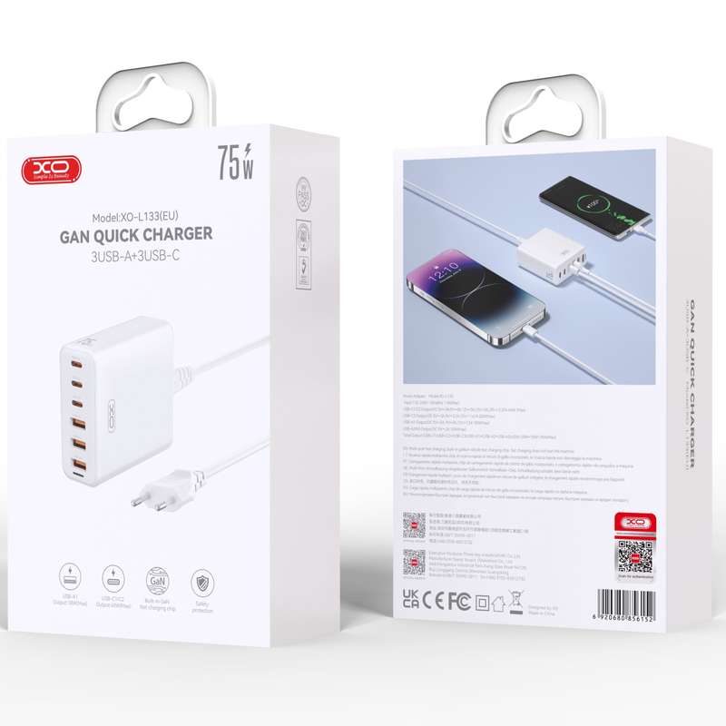 XO L133 3PD+3USB GaN 75W Charger W/Cord