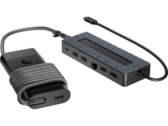 HP Universal USB-C Hub and Laptop Charger Combo JetBlack CoreSet frontRight WhiteBg