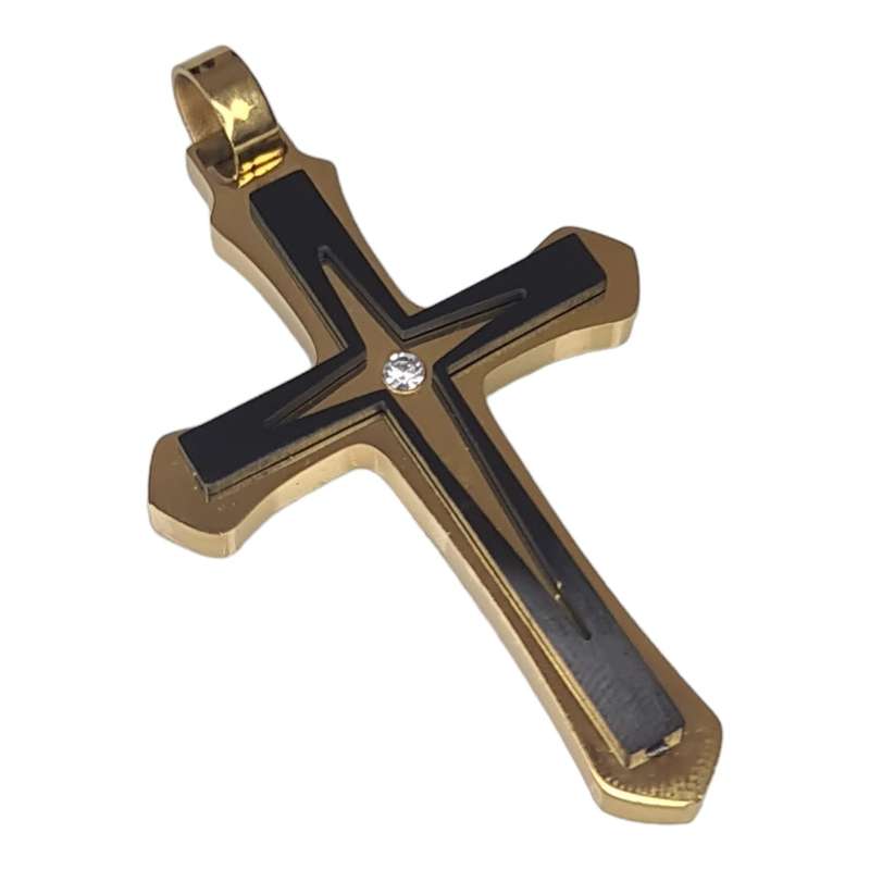 Cross pendant, gold / black, stainless steel, 52mm