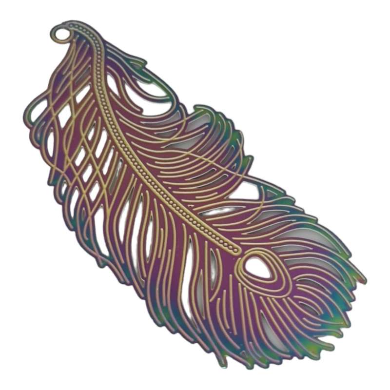 Feather pendant, aura colored, stainless steel, 50mm