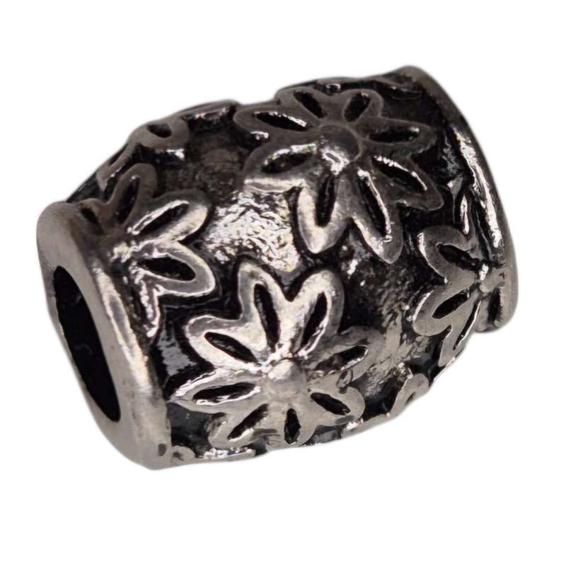 Barrel bead in stainless steel, flower design, 12x10mm