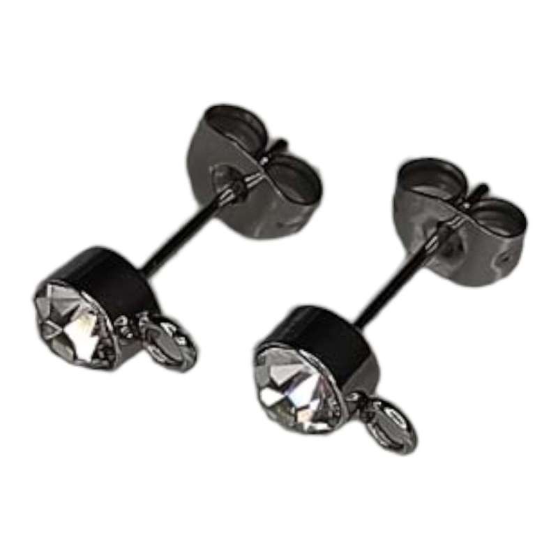 Earring stud pair w rhinestone & ring, stainless steel, 6mm