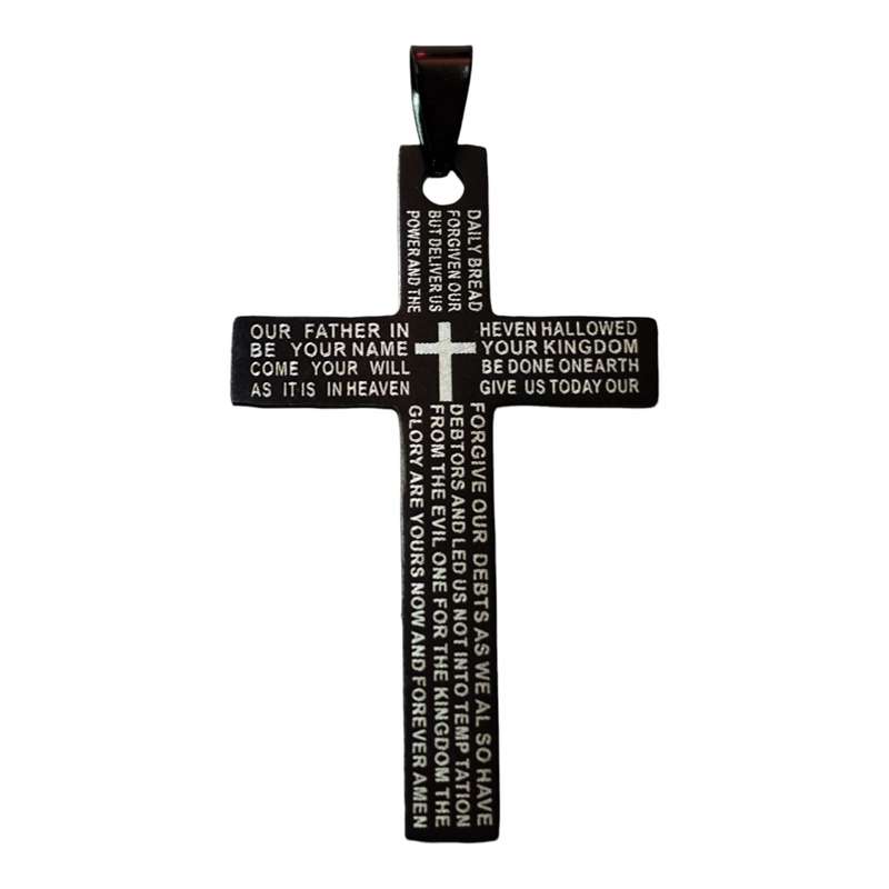Black Cross pendant with silver prayer engraved on it