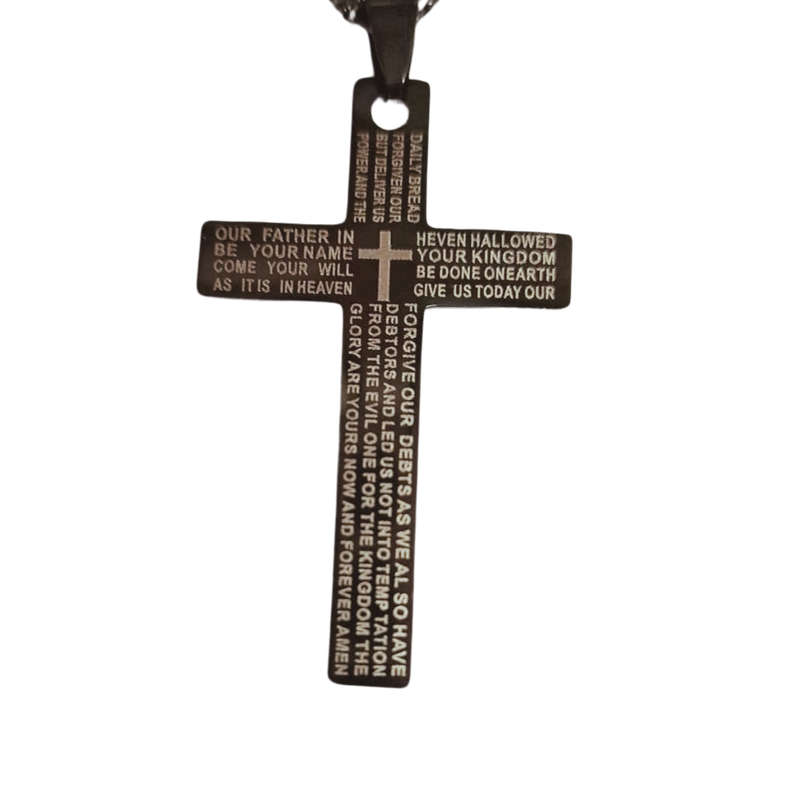 Black Cross pendant with silver prayer engraved on it