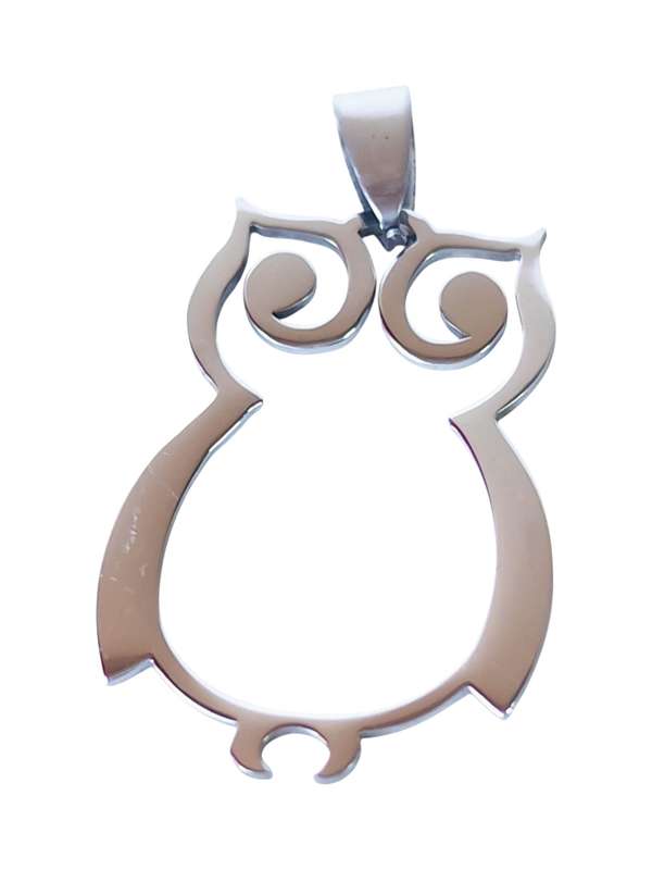 Pendant in stainless steel with bail, Owl, 43mm