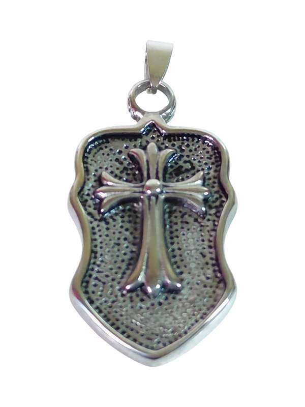 Pendant in stainless steel, Cross on Shield, 54mm