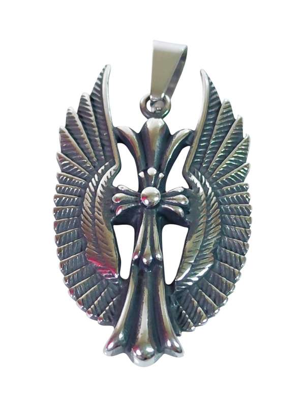 Pendant in stainless steel, Cross and wings, 53mm
