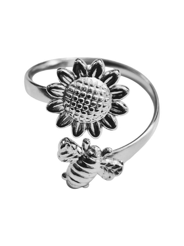 Stainless Steel Ring, Bee and Flower