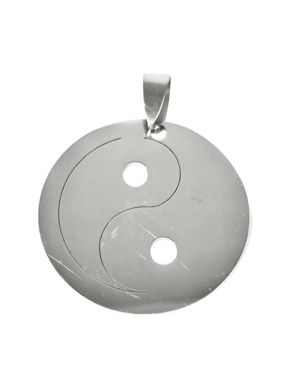 Pendant in stainless steel with bail, Yin Yan Tag, 33mm round