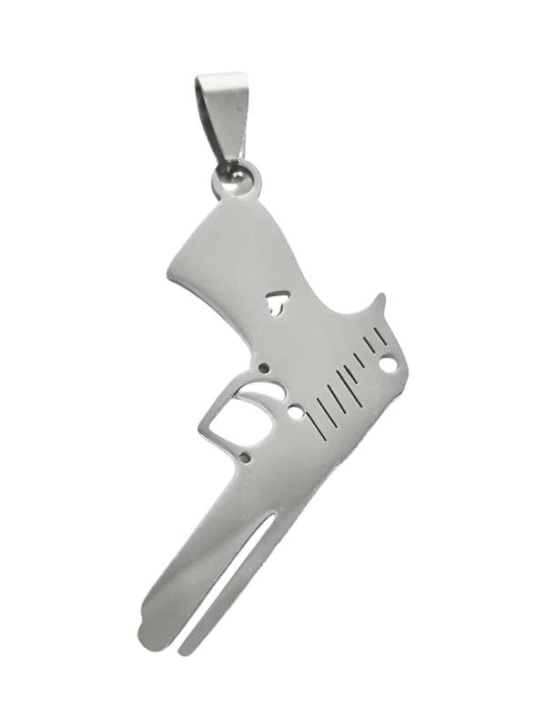 Pendant in stainless steel with bail, Pistol, 40mm