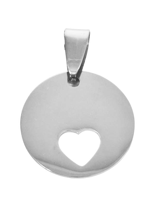 Circle tag with heart punch-out pendant in stainless steel.