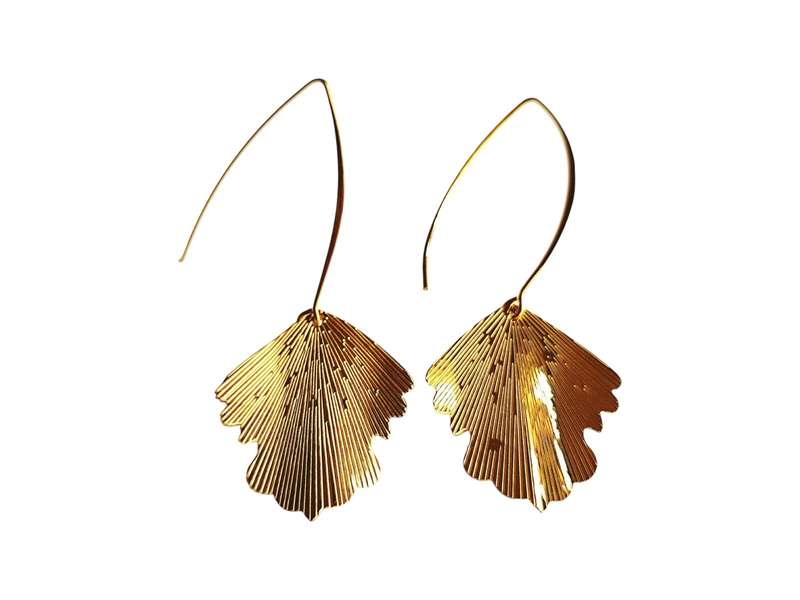Gold Stainless Steel Wavy Leaf Earring, 60mm