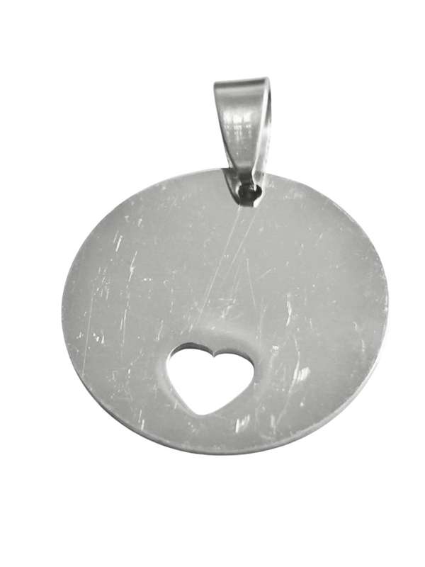 Circle tag with heart punch-out pendant in stainless steel.