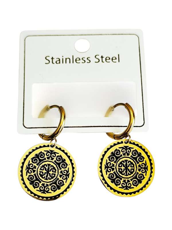 Stainless Steel Decorated Disc Earrings, 35mm gold or silver
