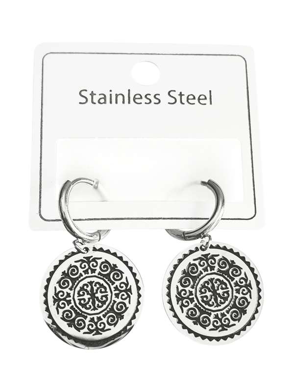 Stainless Steel Decorated Disc Earrings, 35mm gold or silver