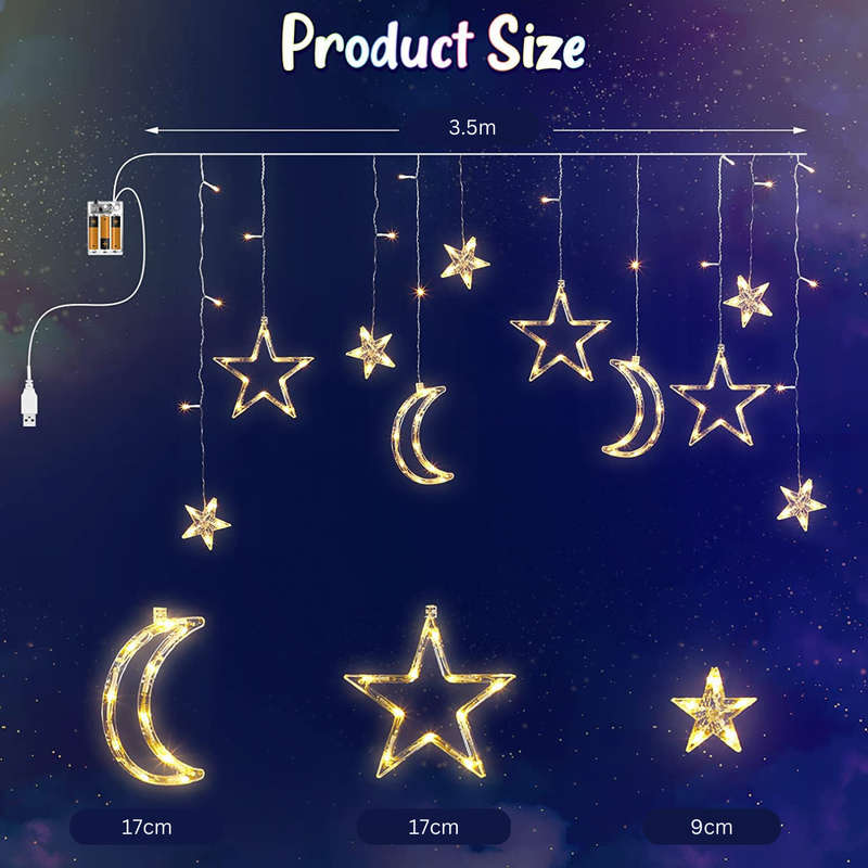 Rechargeable LED Moon and Star Curtain String Lights