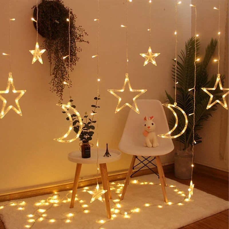 Rechargeable LED Moon and Star Curtain String Lights