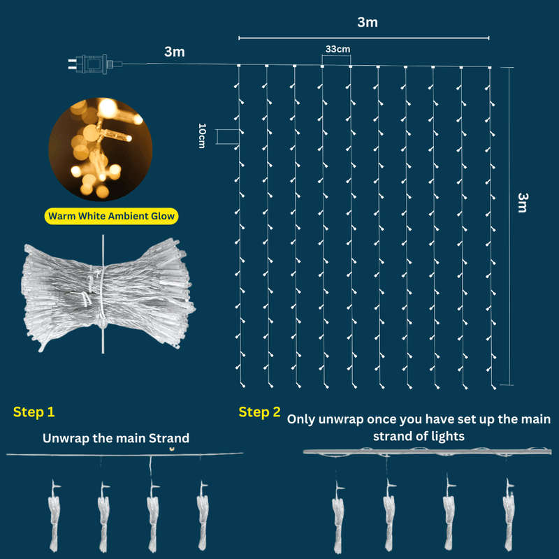 3m x 3m 300 LED Curtain String Fairy Lights