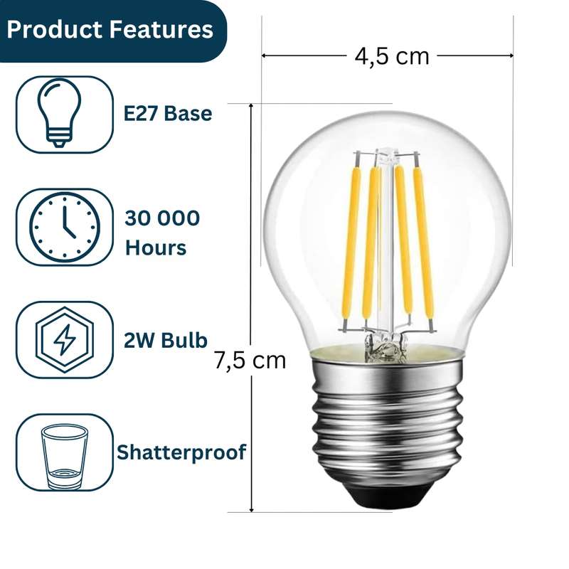 Retro Edison G45 LED E27 2W 6 Pack Replacement Bulbs