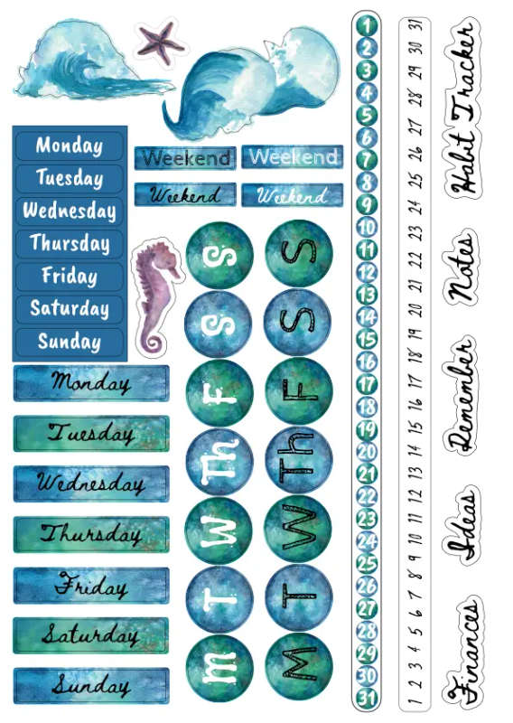 Leagues Under The Sea Sticker Sheet - Blue Ocean Journaling Set with Functional Stickers for Jour...
